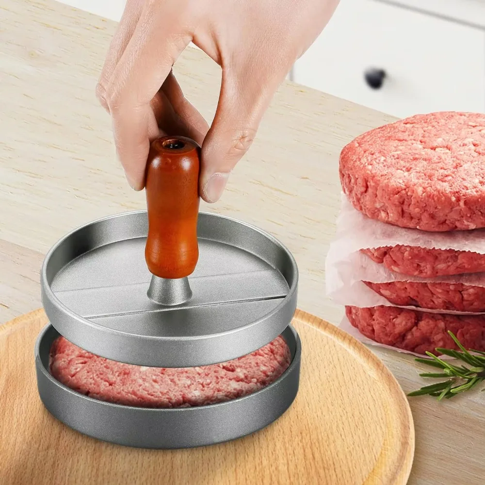Stainless Steel Burger Patty Press Mold with Wooden Handle, Non-stick, Burger Fast Food Patty Making Molds