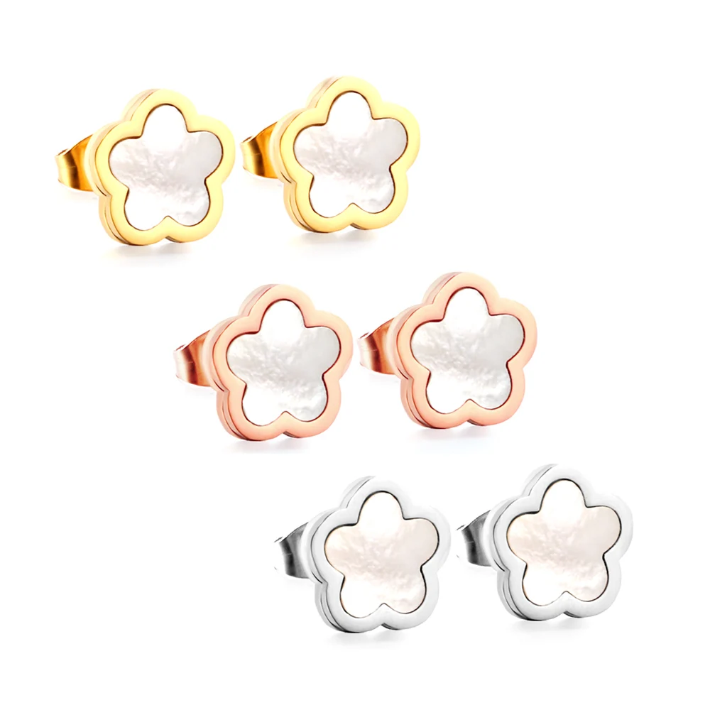 ASONSTEEL Luxury Elegant White Shell Flower Charm Bracelet Necklace Stud Earrings Women Stainless Steel Jewelry Trending Van New 4