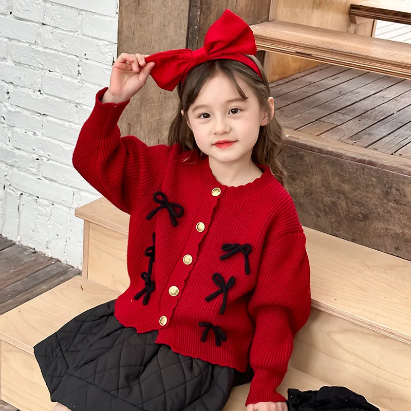 

Children Clothing Sweet Red Bow Knit Sweater 2023 Autumn Winter Knitted Casual Simple Princess Sweet Cute Coat for Baby Girls