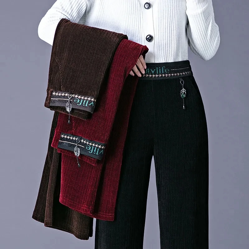 Letter Embroidery Winter Thick Wide Leg Pants Women Casual Plus Velvet High Waist Corduroy Pant Oversized Warm Baggy Trousers