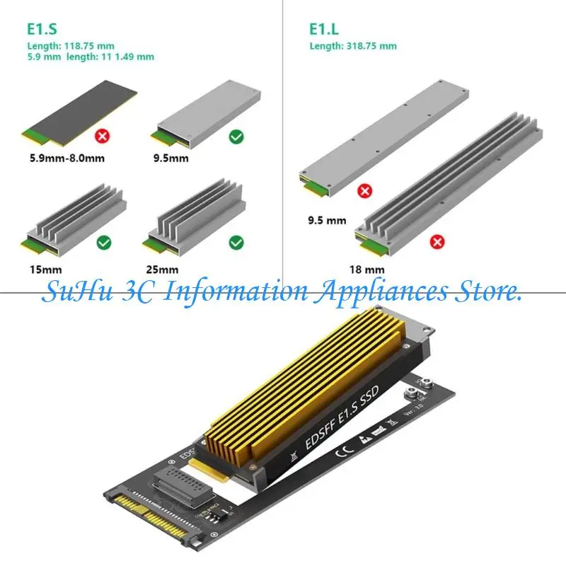 U.2 어댑터 카드에 대한 플러그 플레이 E1.S 드라이브는 데이터 센터 사용을 위해 PCIe 및 비휘발성 메모리 Express를 지원합니다.