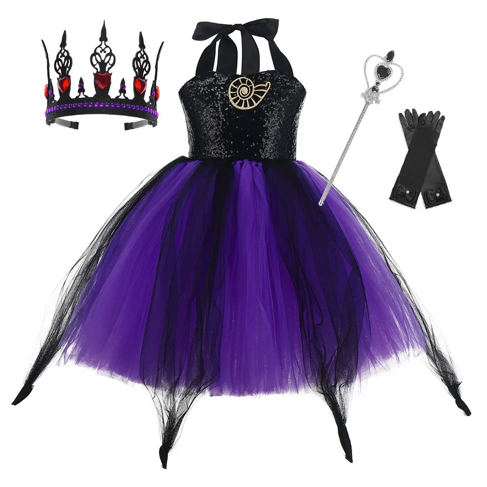 

Halloween Costumes for Girls Purple Black Bat Long Sparkly Witch Tutu Dress for Kids Carnival Cosplay Outfit with Broom Hat