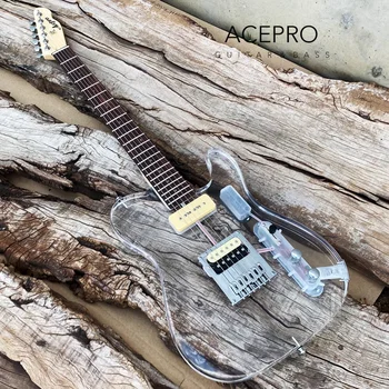 In Stock Acepro Colorful LEDs Acrylic Electric Guitar Clear Acrylic Crystal Body Guitarra, Maple Neck, Rosewood Fretboard