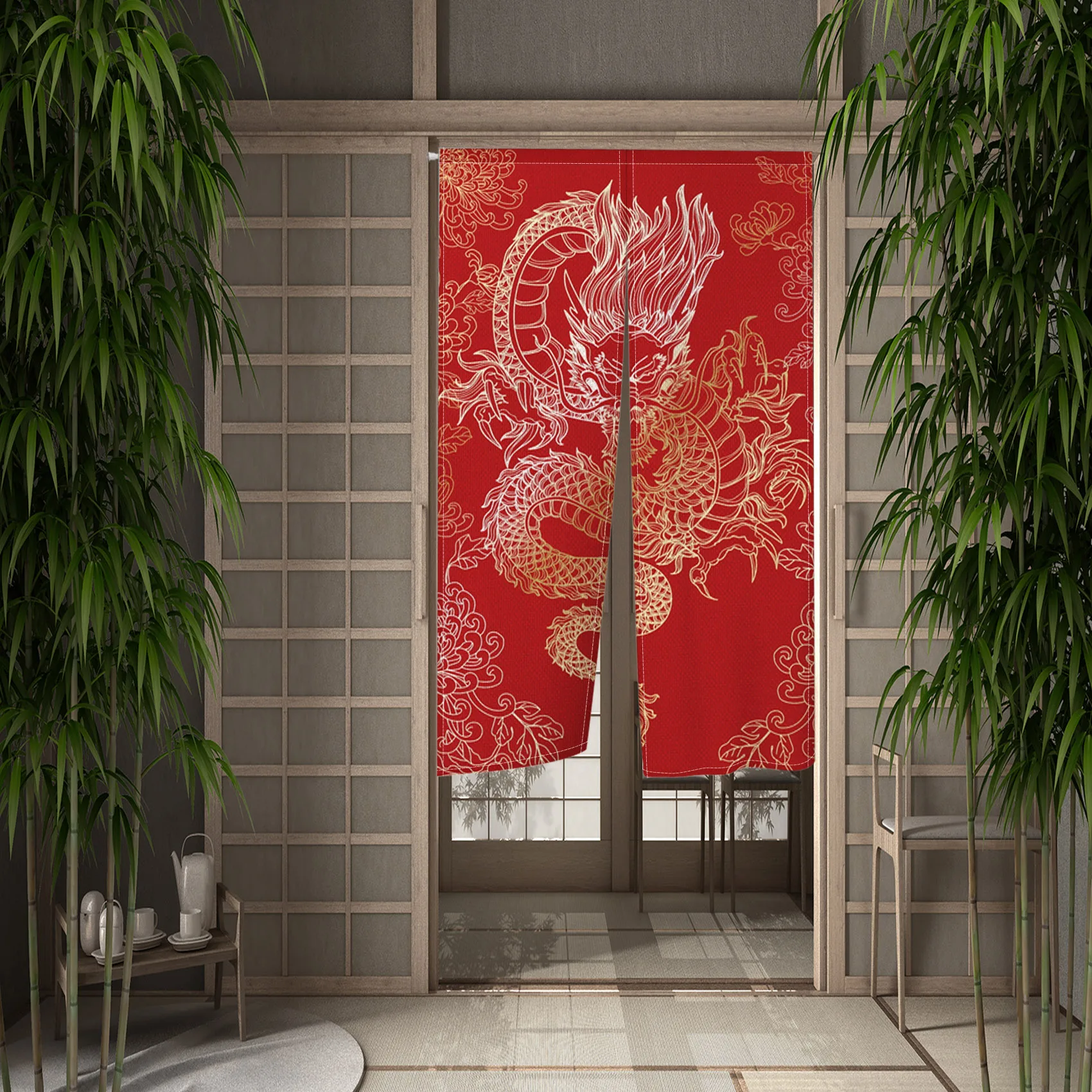 Rideau De Porte Motif Dragon Orientale - Taille 200x100 Cm (78x39"), Polyester | Séparation D'espace, Décoration Maison, Restaurant