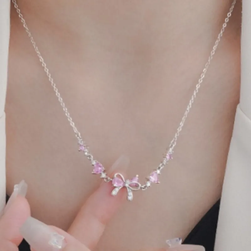 Gorgeous Pink Cubic Zirconia Bowknot Pendant Necklace for Women Fashion Elegant Choker Neck Chain Party Jewelry Gifts