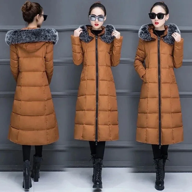 

Elegant Slim Long Parkas Faux Fur Collar Hooded Quilted Jacket Women Snow Warm Korean Zip Windproof Winter Coats Padded Overcoat