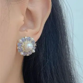 925 Silver Needle Vintage Purple Oil Dropping Flower Earrings For Women Jewelry 2025 Trending French Women's Pearl Stud Earrings