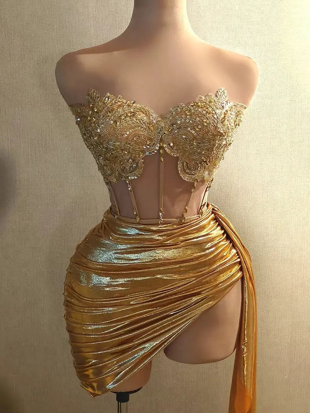 Women Girl Dance Costume Sparkly Gold Rhinestones Short Mesh Party Dress