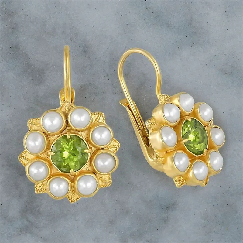 

Exquisite Round Geometry Imitation Pearl Green Stone Earrings Gold Color Earrings for Women Wedding Engagement Jewelry