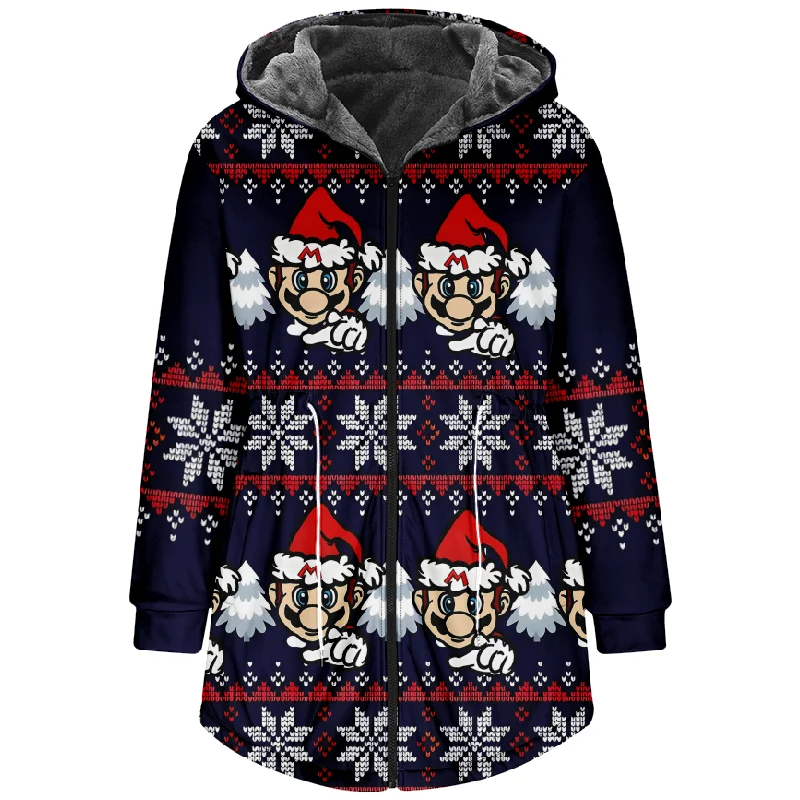 New Christmas Cotton Jacket Hooded Sweater Casual Print Men's Long Sleeve Standing Neck Half Zipper Sweater Cut Inside a08