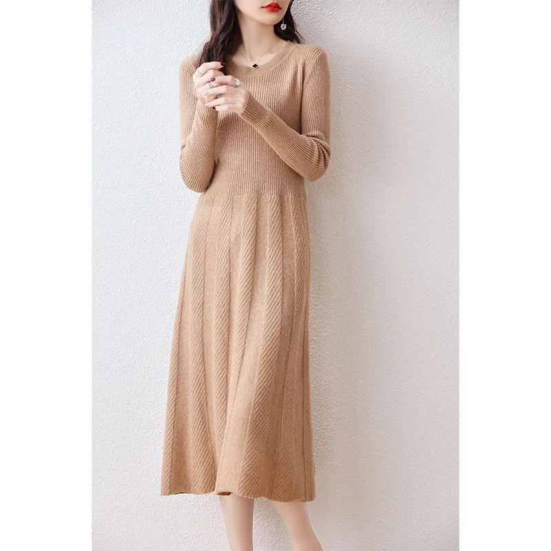 Women's Round Neck Pleated Dress, 100% Merino Wool, Multi-Color Long Sweater Traf, Autumn, Winter, New, Official 2
