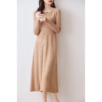 Women's Round Neck Pleated Dress, 100% Merino Wool, Multi-Color Long Sweater Traf, Autumn, Winter, New, Official 2