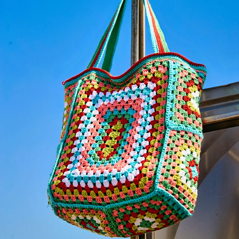 

New Grandmother Pattern Rope Woven Bag Large Capacity Handmade Woven Bag Popular in Europe and America Casual Shoulder Underarm
