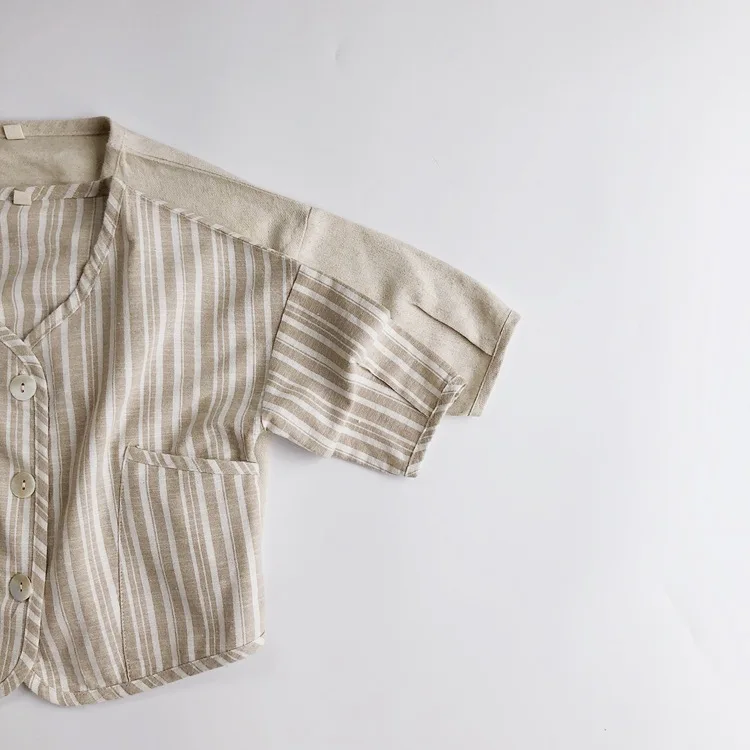 Spring Autumn Korean Kids Boys Coat Striped Cotton Linen Long Sleeve Loose Little Boys Cardigan Pocket Buttons Toddler Boy Coat 3