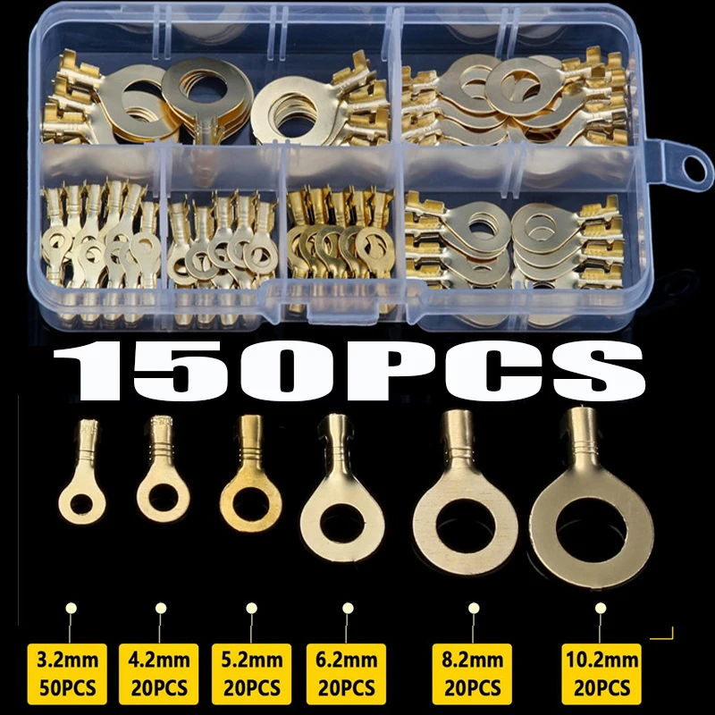 

150pcs 3.2/4.2/5.2/6.2/8.2/10.2mm Brass Ring Cable Lugs Wire Cable Connectors Terminals kit For Household Appliances