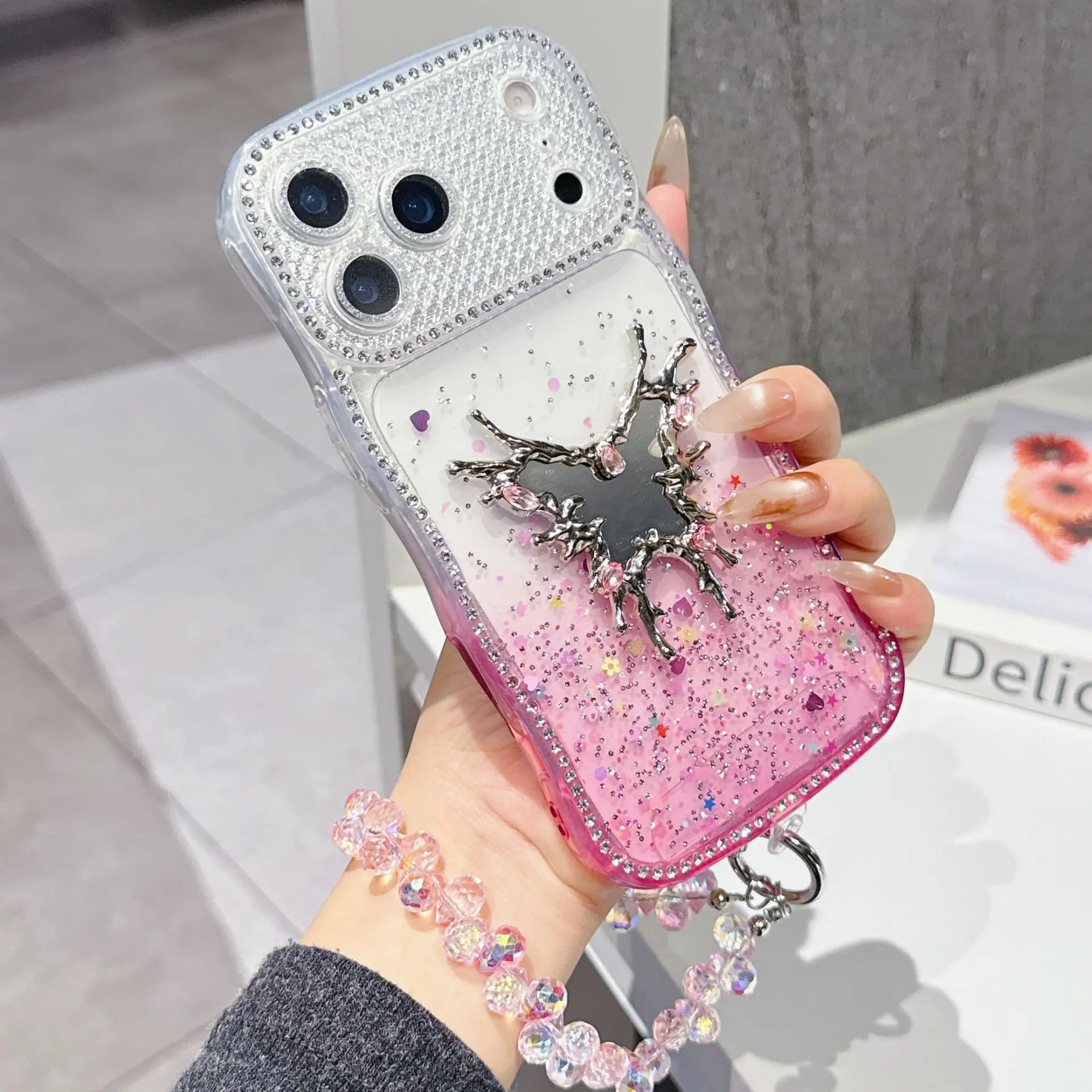 Butterfly Makeup Mirror Sparkling Diamond Case with Bracelet and Mirror Film