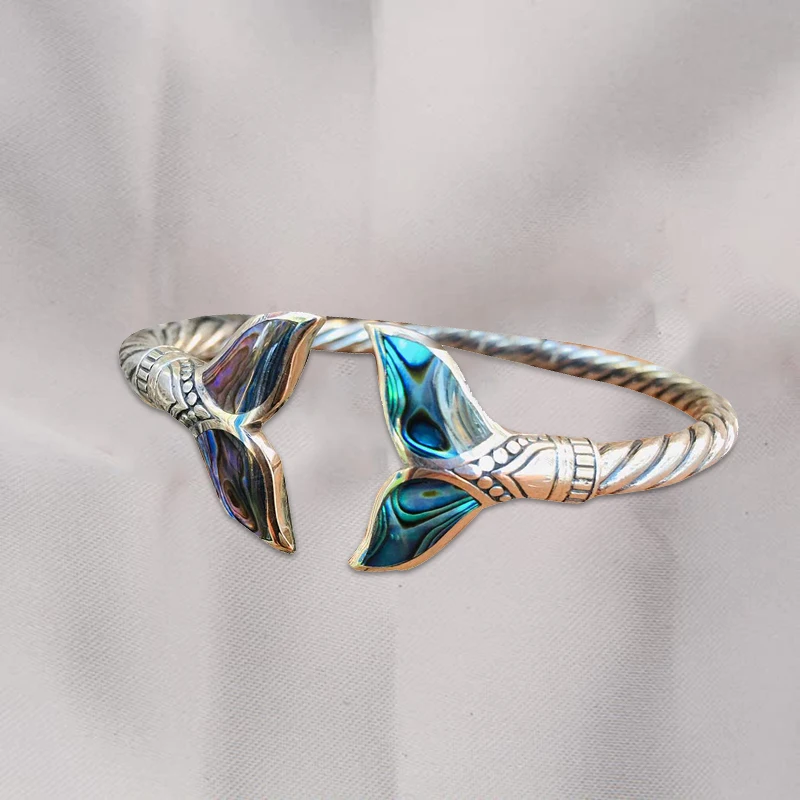 Abalone Shell and Mermaid Tail Bangle Bracelet Adjustable Open