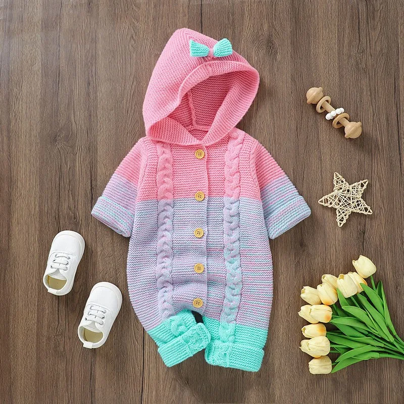 

Autumn Winter Boy Girl Baby Knitted Cardigan Hooded Fashion Romper Newborn Bow Knitting Twist One-piece Infant Casual Jumpsuit