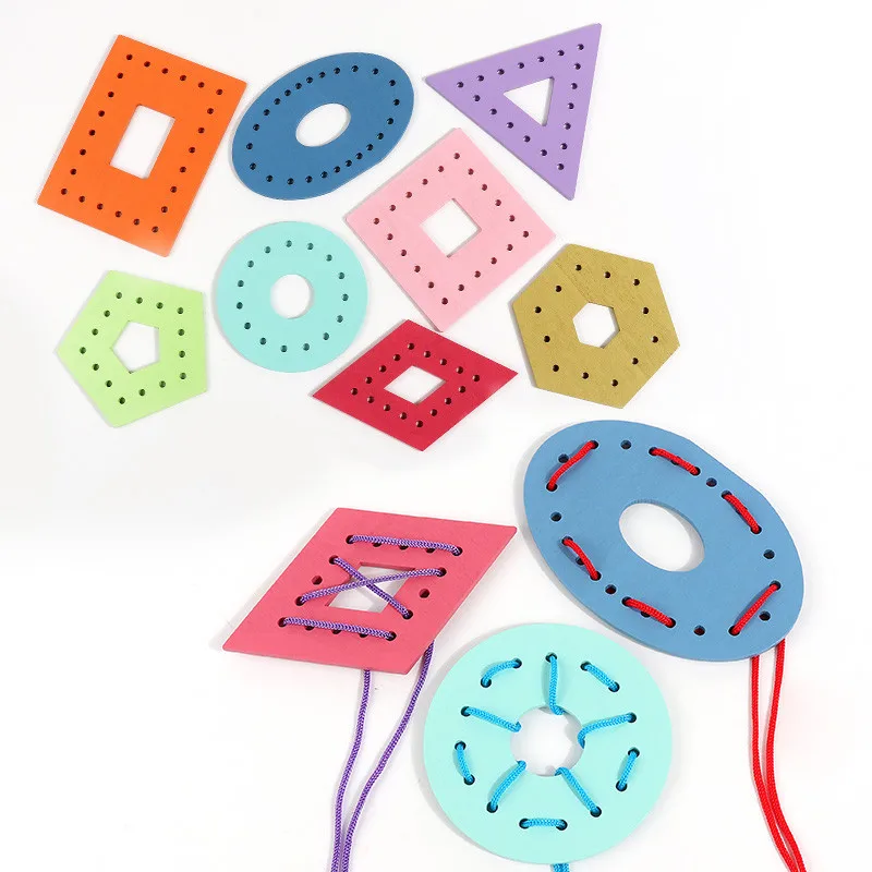 Wooden Lacing Cards Threading Game Teaching Aids Lacing Shapes Kids Valentines Gifts for Airplane Toddlers Baby Kids Kids Gifts