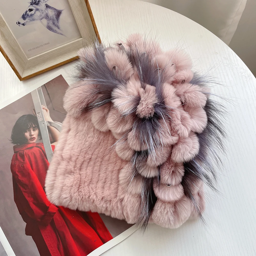 2023 Fur Winter Hat for Women 100% Real Rex Rabbit Fox Fur Hat Rex Rabbit Fur Caps Lady Winter Warm Headwear Women's Fur Hats 4