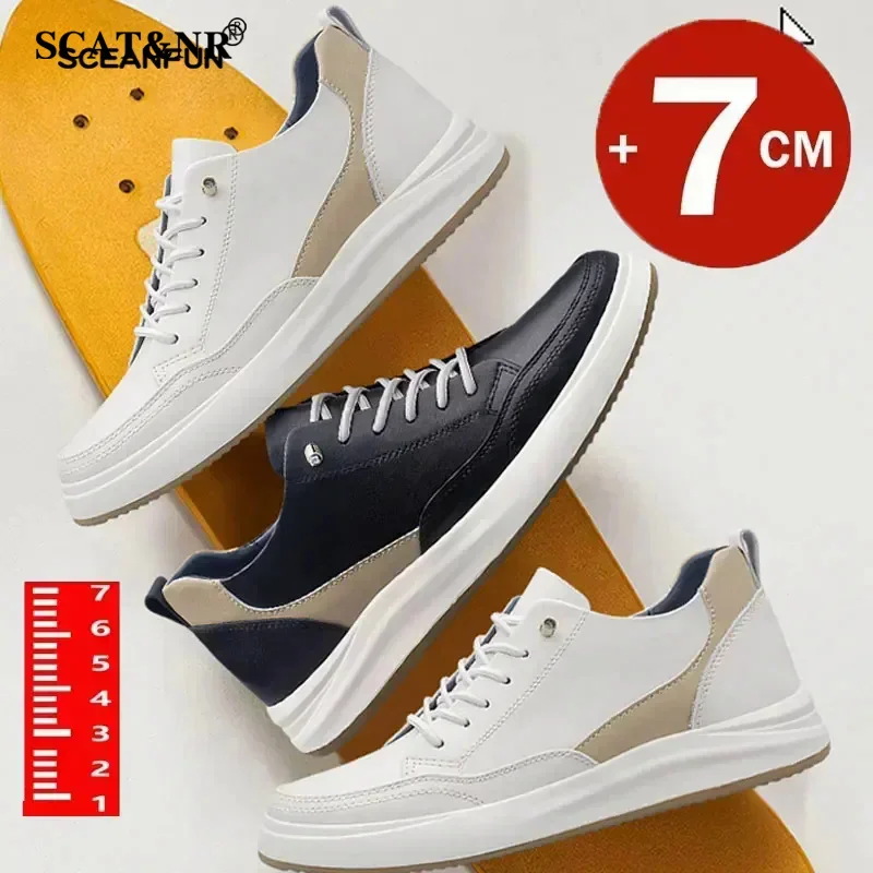 Genuine Leather Lift Sports Shoes For Men Breathable Increase Heightening Shoes Insoles 7cm Men'S Casual Luxury Heightening