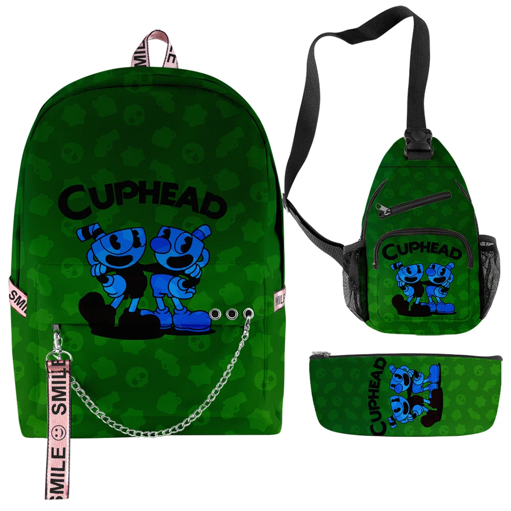 Classic Cartoon Novelty Cuphead Anime 3D Print 3pcs/Set Student School Bags multifunction Travel Backpack Chest Bag Pencil Case