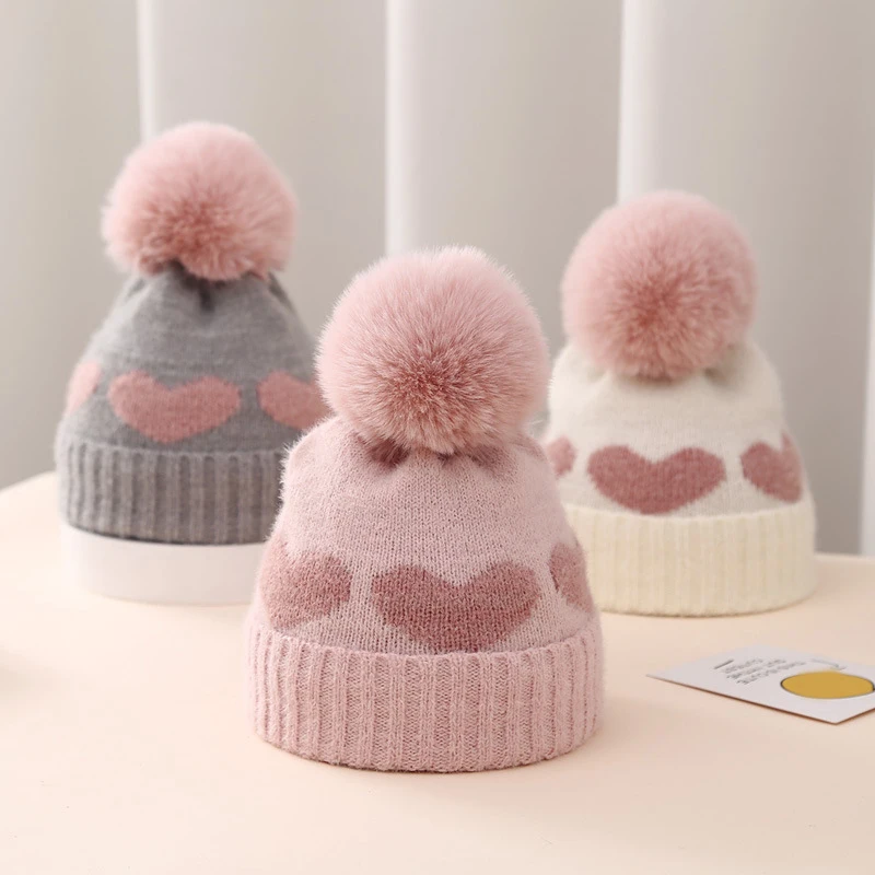 Autumn Winter Baby Girl Hat with Pompom Heart Pattern Kids Beanie Caps Warm Knitted Infant Toddler Bonnet Hats Baby Accessories