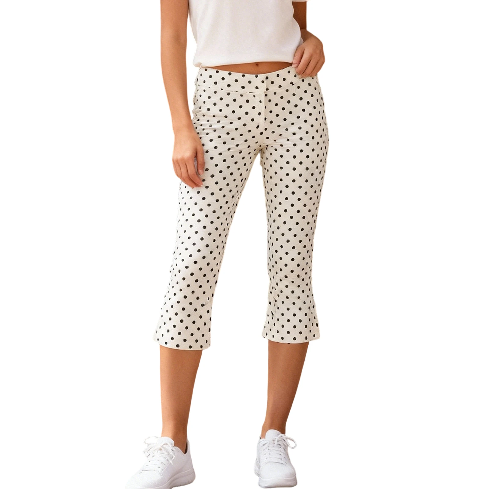 Women Summer Capri Pants Casual Low Waist Solid Color/Dot Print Slim Fit Cropped Trousers Fashion Streetwear - 6