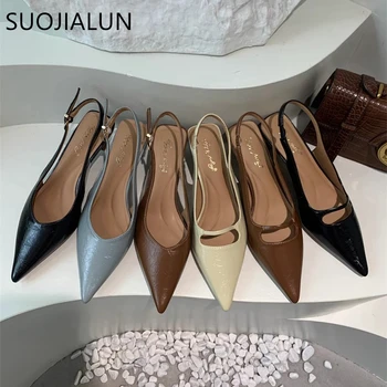 SUOJIALUN Summer New Women Sandal Fashion Pointed Toe Shallow Slip On Ladies Elegant Slingback Shoes Thin Med Heel Dress Mules 1