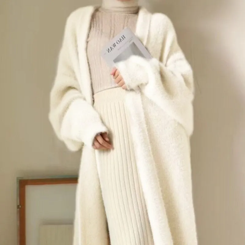 white Long Cardigan for women 2025 new winter clothes Knitted fluffy long sleeve Cashmere sweater coat korean style warm vintage 1