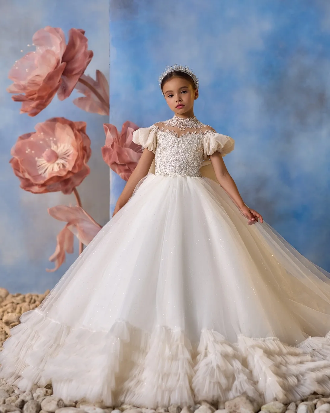 Customized Ivory Flower Girl Dress For Wedding Floor Length With Bow Short Sleeves Kid Birthday Party First Communion Ball Gown 1