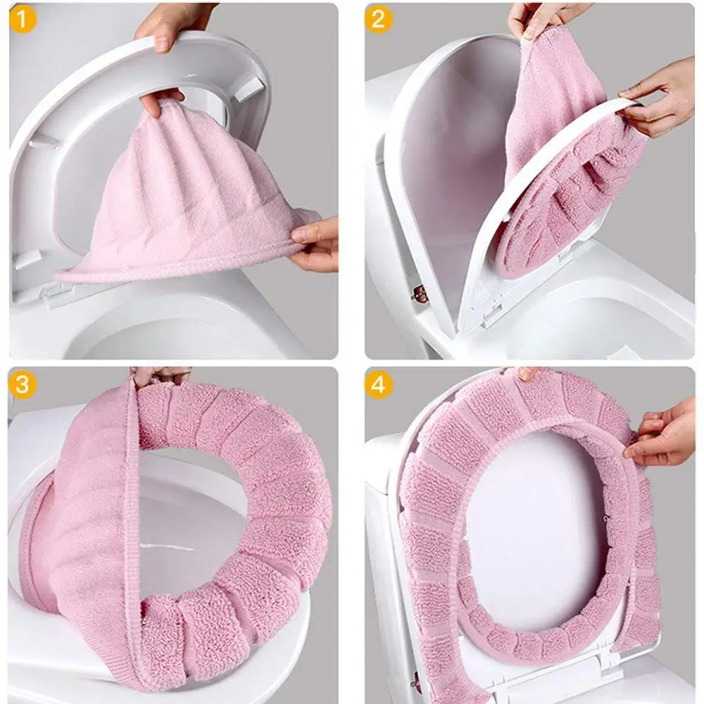 Winter Warm Toilet Seat Cover Washable Bathroom Toilet Pad Cushion With Handle Thicker Soft Mat Knitting Warmer Closestool Mat