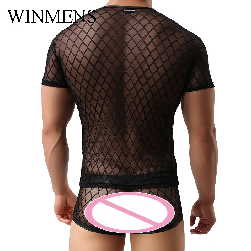 Adult Men's Undershirts Diamond Mesh Breathable Black See Inner O-neck Short Sleeves Sheer Fishnet Fitness Dance Performance