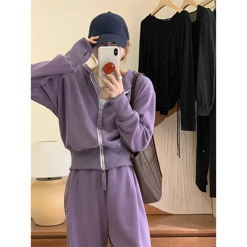 Sports Hooded Plus Fleece Sweater Two-piece Suit Wide-leg Pants Women Autumn WinterFashion Age-reducing Casual Sweatshirts Set