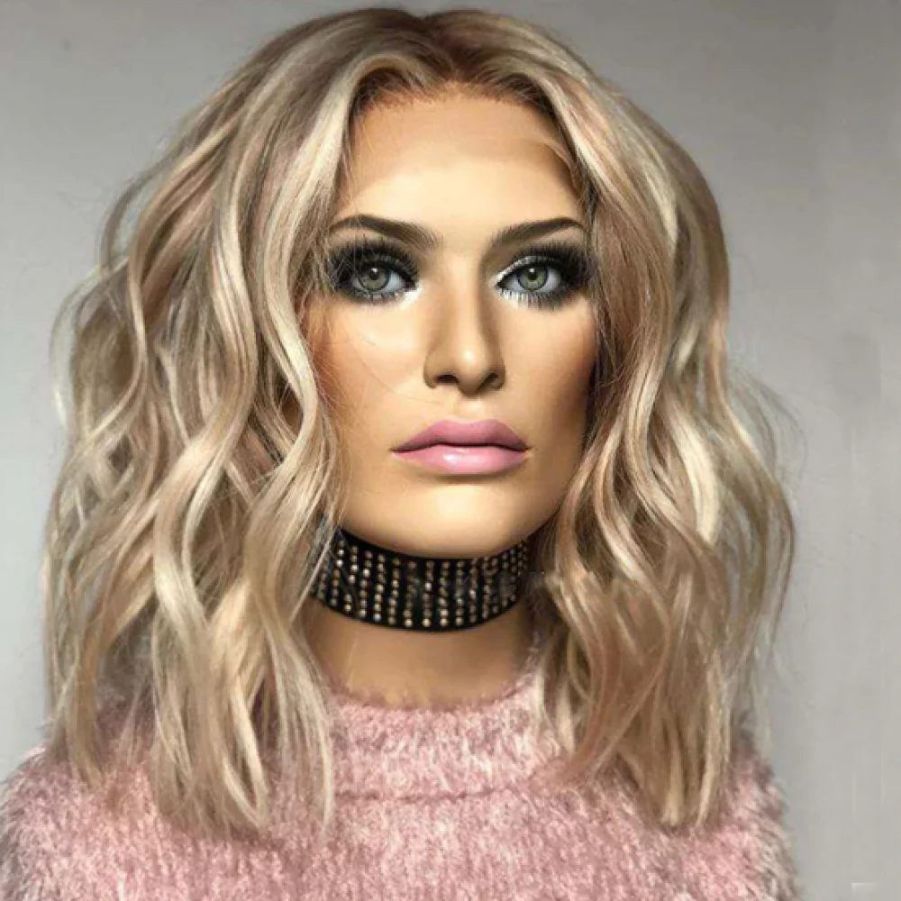 Highlights Blonde Wig Women Shoulder Length Middle Part Curly Wavy Bob Wig Natural Look Synthetic Heat Resistant Fiber