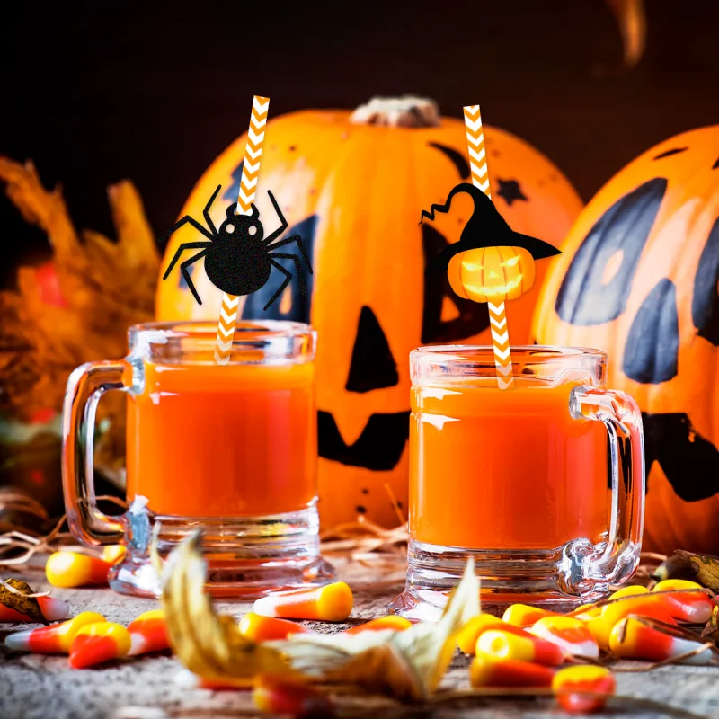 24Pcs Halloween Straw Party Decorations Skull Spider Water Cup Drink Decor with Disposable Straws Cocktail Straw Juice Tubes