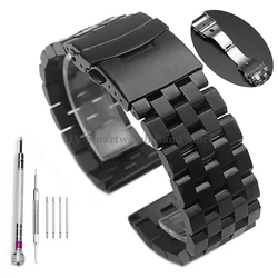 Luxury Solid Stainless Steel Watch Bracelet with Double Safety Buckle - 22mm (Solid - Black)