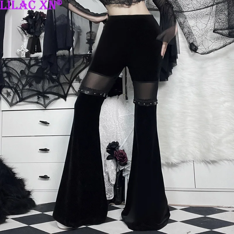 Gothic Black Lace Mesh Patchwork Flared Pants for Women Y2K Vintage Grunge High Waist Leg Belted Long Trousers E Girl Party Pant