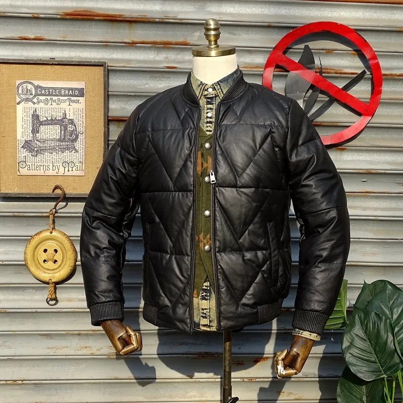 

winter Free warm shipping.Men genuine leather jacket.soft baseball cowhide duck down coat.wholesales.casual leather cloth.