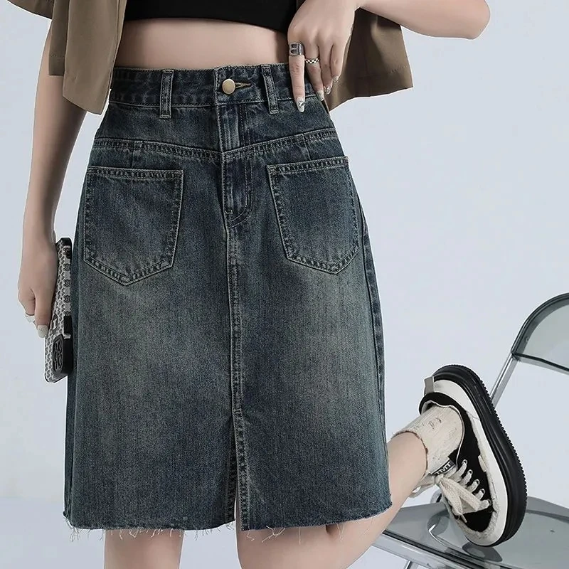 

2024 New style Preppy Midi Denim Skirt Women Clothing Casual High Waisted Slim Split Short Jeans Skirts Girls Mini Cowboy Skirt
