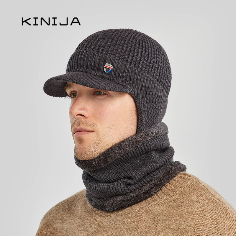 Winter men Skullies Beanie Hat fishing Warm Baseball Cap Windproof ear protection Cap Balaclava Gorras Bonnet Knitted Hat+scarf - 6