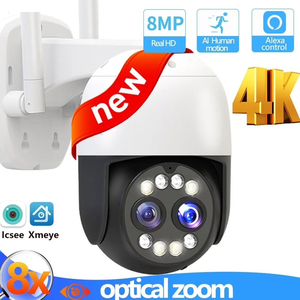 

New 4K 8MP PTZ IP Camera Dual Lens WiFi Outdoor Security Cam 2K CCTV Video Surveillance Mini AI Human Detection 8X Zoom ICsee