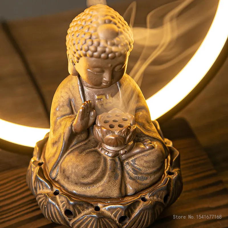 Flowback Incense Burner with Light, Buddha Statue Decoration, Purple Sand, 2-hour Disk, USB, Creative, 1Pc