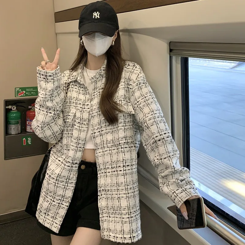 

2023 Jacket Spring New Design Korean Version Loose And Versatile Thin White Plaid Shirt Coat Free Shipping