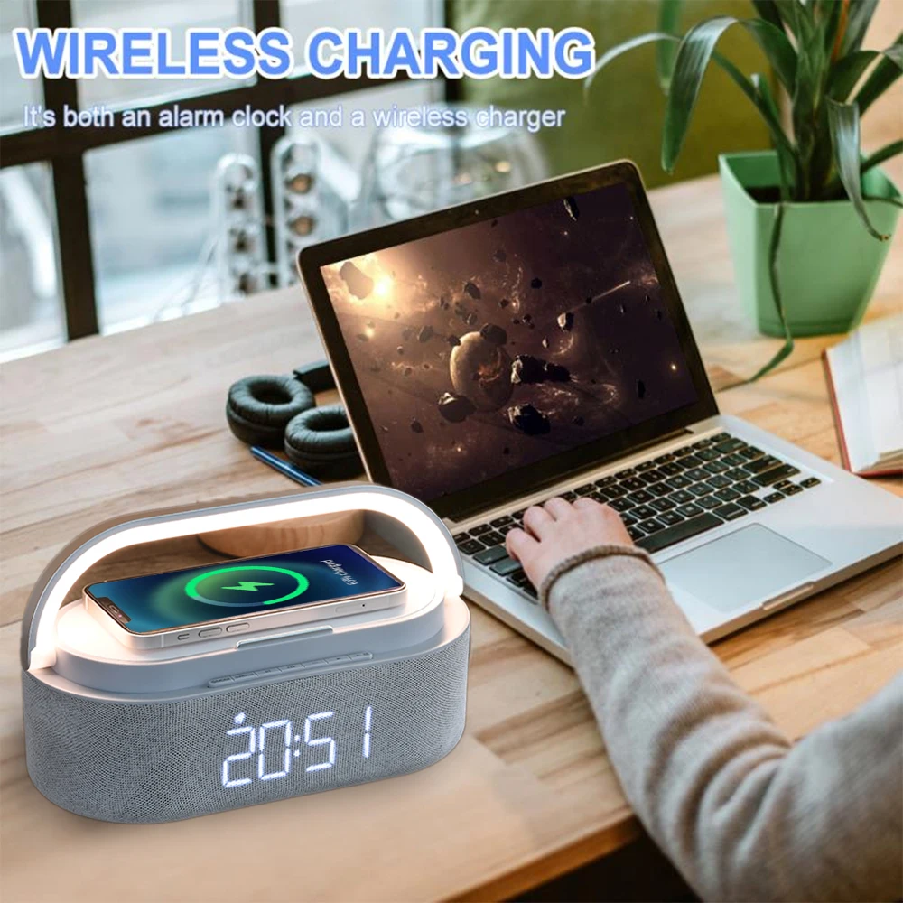 

NEW Wireless Charger FM Clock Bluetooth Speaker Digital Alarm Clock Bedside Radio Night Light Dual Wireless Speakers Home DIY