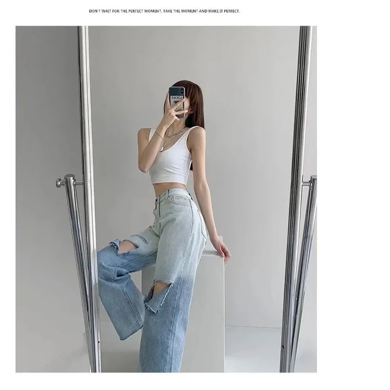 Denim Planet Gradient Denim Jeans for Women's 2024 Summer New High Waisted Loose Fitting Vertical Wide Leg Pants