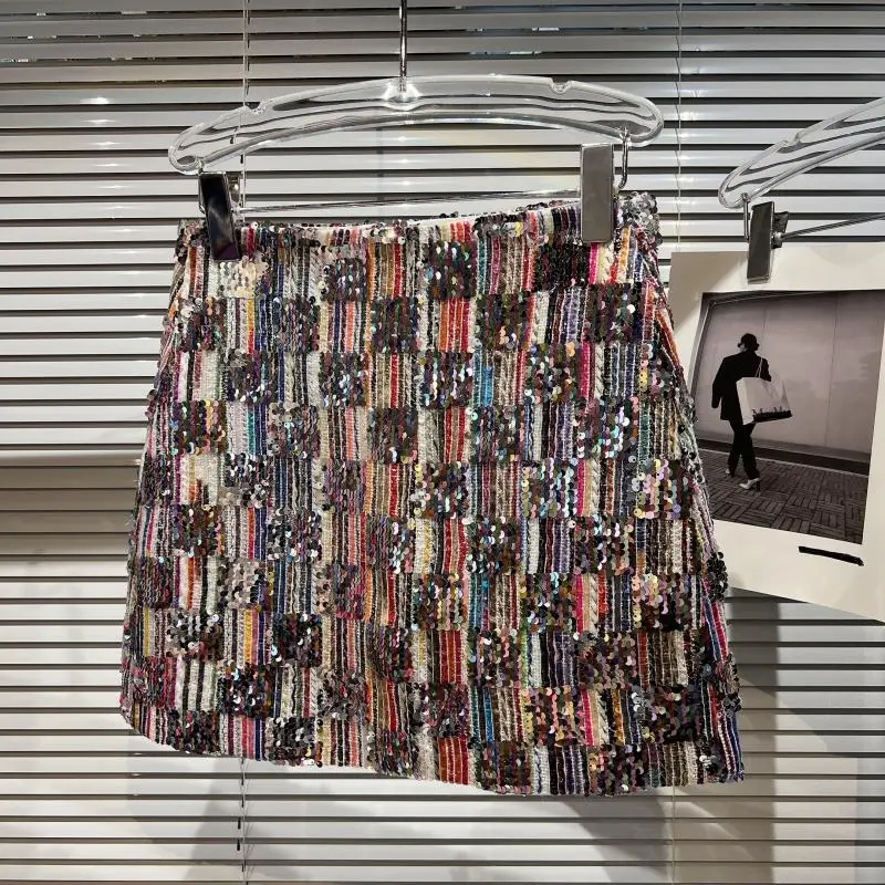 

Rainbow Color Sequined Plaids Spliced Thread Woolen Tweed Skirt Wrapped Hip Colorful Beading A-Line Hip Wrap Skirt Falda 2023