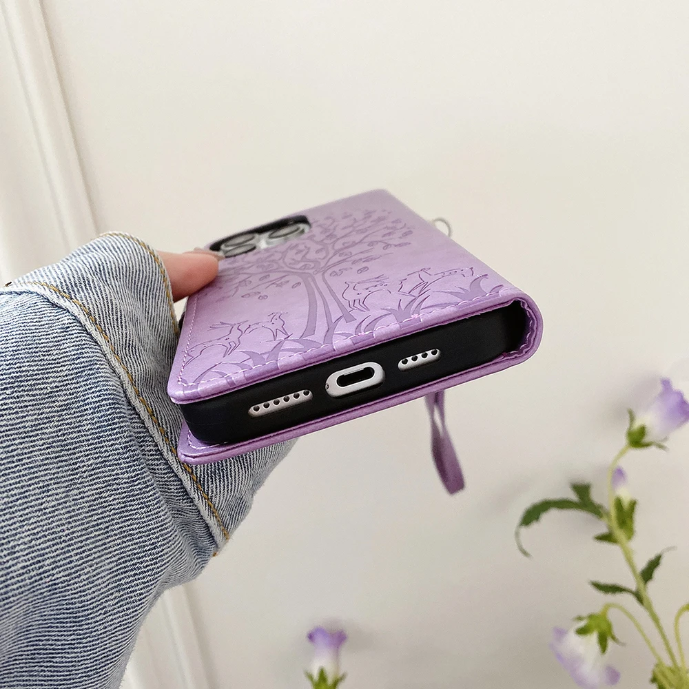 Leather Wallet Phone Case with Card Slots and Magnetic Closure - Tree Design