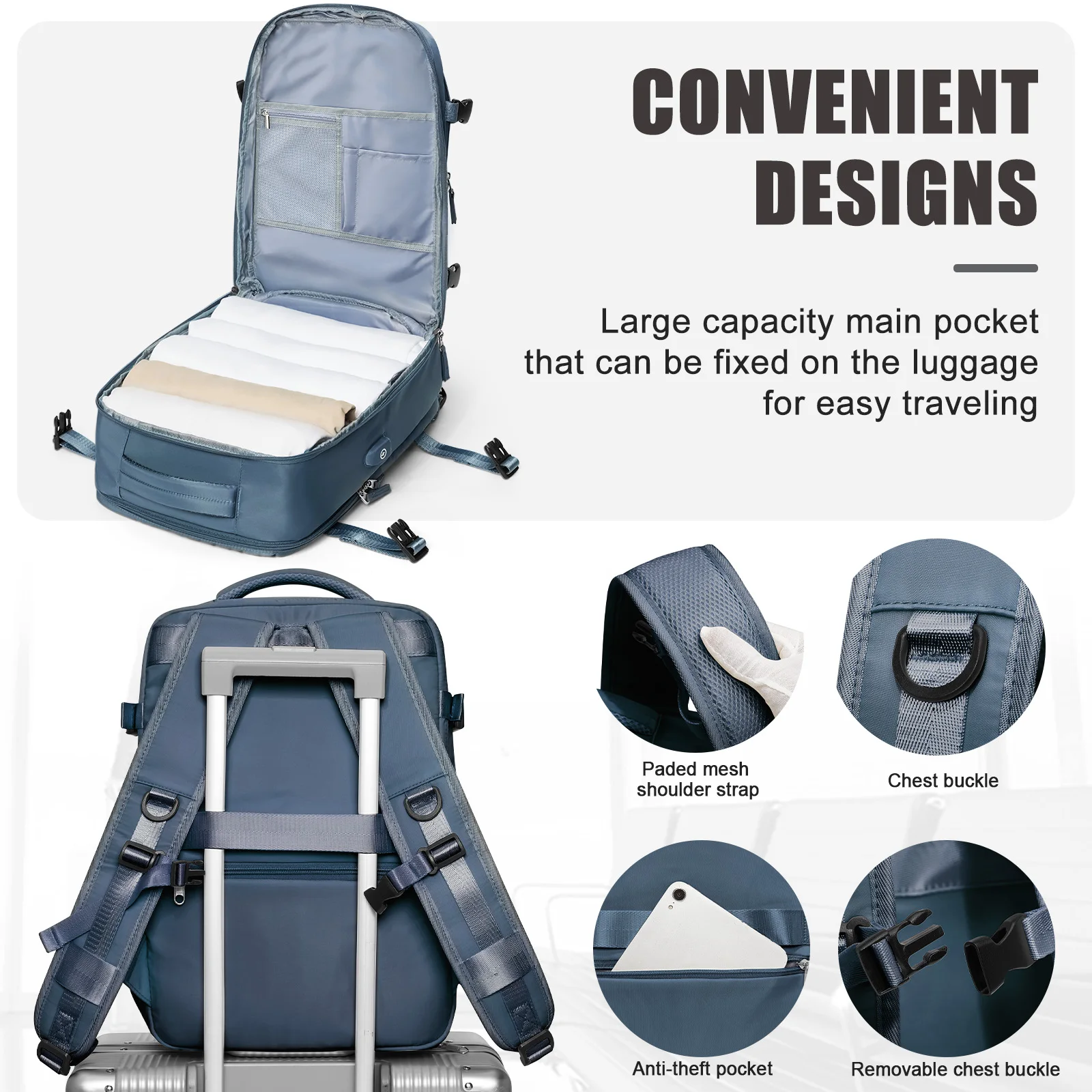 Versatile Travel Backpack 15.6in Laptops with Trolley Sleeve, Wet/Dry Compartment for Business Trips Casual Short Flights Hiking