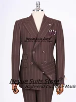 Business Wine red Stripe Men Suits Slim Fit Double Breasted Groom Prom  Tuxedos 2 Pieces Sets Classic Male Blazers Costume Homme 1